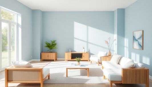 Elevate Your Home with Soft Blue, Warm White, and Natural Wood Tones