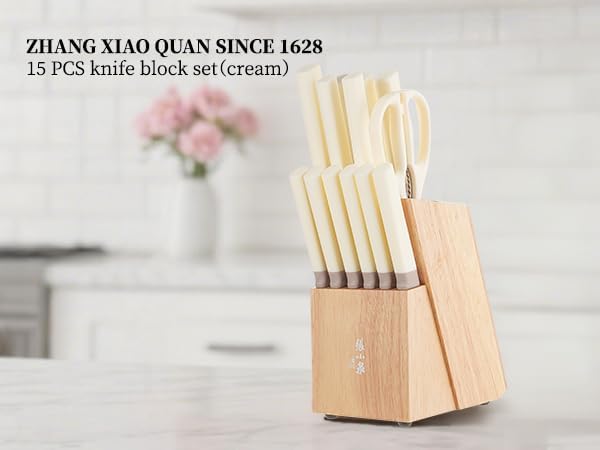 Zhang Xiao Quan Since 1628 15Piece Kitchen Knife Set,Knife Block Set with Ceramic-Coated Blade Ergonomic Handle(Cream)