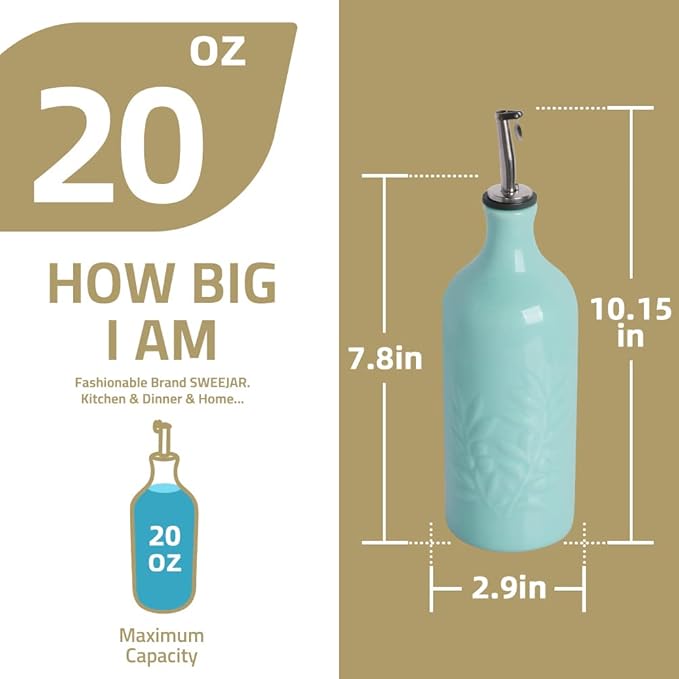 Sweejar Ceramic Olive Oil Dispenser Bottle, 20 Oz Relief Opaque Oil Cruet Protects Oil To Reduce Oxidation, Storage Oil, Vinegar, Soy Sauce, Coffee Syrup, Liquids, Set of 1 (Gradient Green)