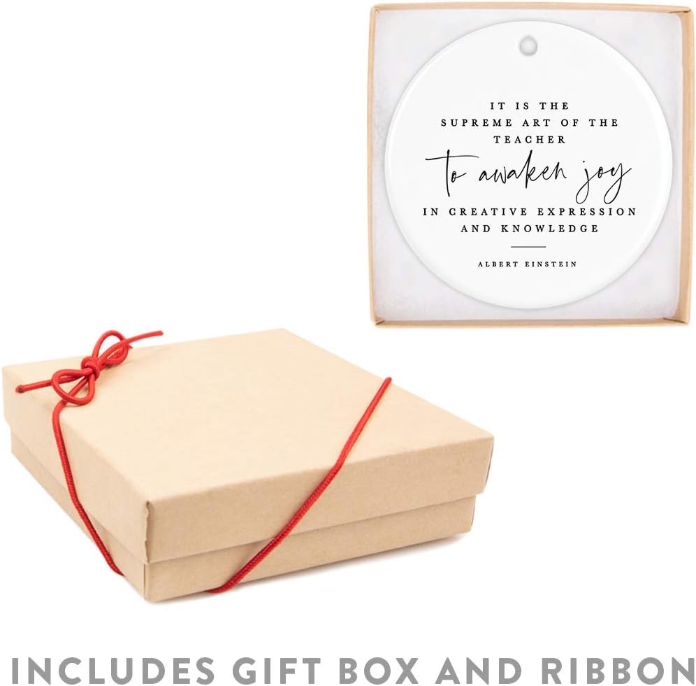 Andaz Press Round Ceramic Porcelain Christmas Tree Ornament for Teacher Thank You Gift, is The Supreme Art of The Teacher to Awaken Joy in Creative Expression and Knowledge, Albert Einstein, 1-Pack
