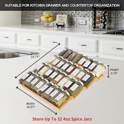 Spice Drawer Organzier,4 Tiers Bamboo Spice Rack Tray Insert for Cabinet Drawer Countertop, Kitchen Seasoning Storage Drawer Organization,14.57" Wide x 15.8" Deep (Hold UP To 32 Jars