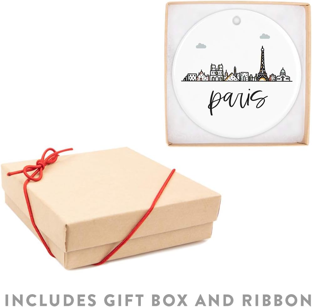 Andaz Press Round Ceramic Porcelain Christmas Tree Ornament Keepsake Gift, Paris, Colorful International City Skyline Graphic, 1-Pack, Birthday Ideas Family Coworker Him Her, Gift Box