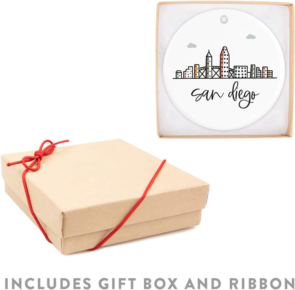 Andaz Press Round Ceramic Porcelain Christmas Tree Ornament Keepsake, San Diego Colorful City Skyline Graphic, 1-Pack, Birthday Gift Ideas Family Coworker Him Her, Includes Gift Box