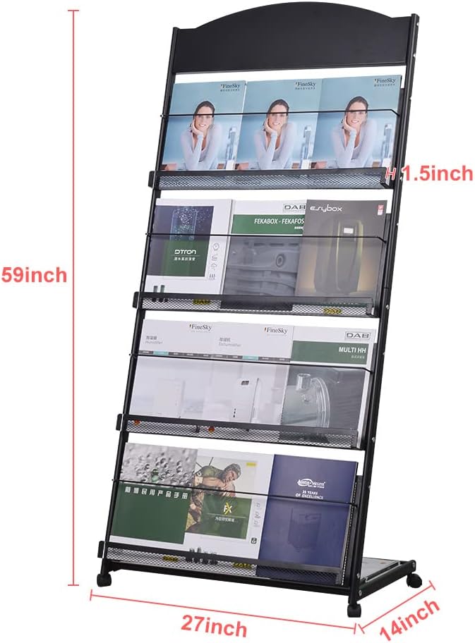 floor magazine rack brochure display stand for offices and public reception area,literature rack with 4 Universal wheels (59"×27"×14")