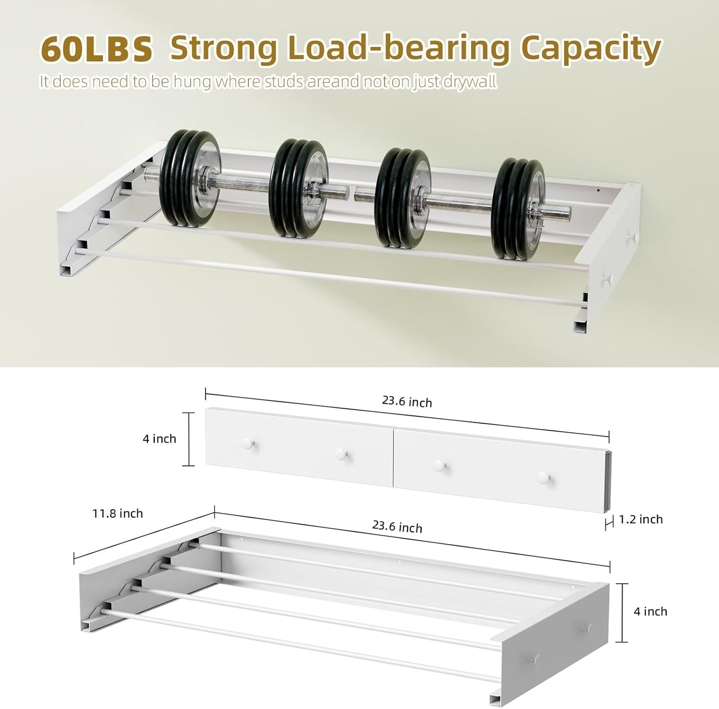 Wall Mounted Drying Rack for Laundry 23.6'', Foldable Laundry Drying Rack Clothing Wall Mount with 4 Towel Hooks and 4 Rods, Space Saving for Indoor Outdoor Bathroom Balcony (White, 23.6'')
