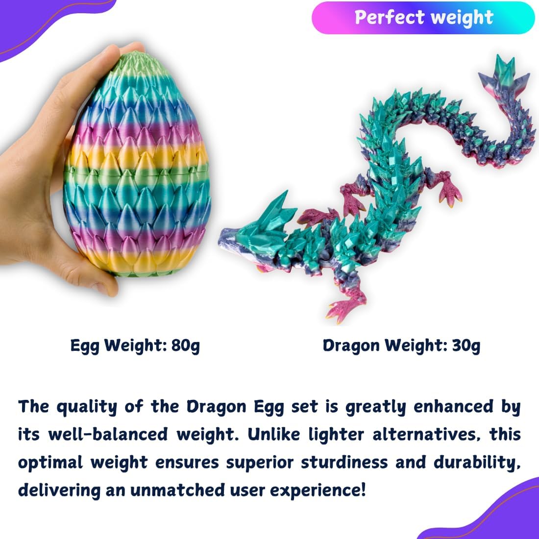 3D Printed 12” Articulated Crystal Dragon Inside 5.1” Egg – Fantasy Collectible, Fidget Toy & Stocking Easter Basket Stuffers for Home & Office Decor (Rainbow)