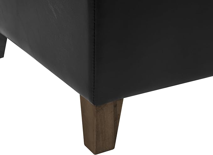 Adeco Faux Leather Storage Ottoman Bench with Solid Wood Legs, 17.7" Square Black PU Cube Foot Stool, Upholstered Button Tufted Vanity Chair with Hinged Lid for Living Room, Bedroom, Dorm
