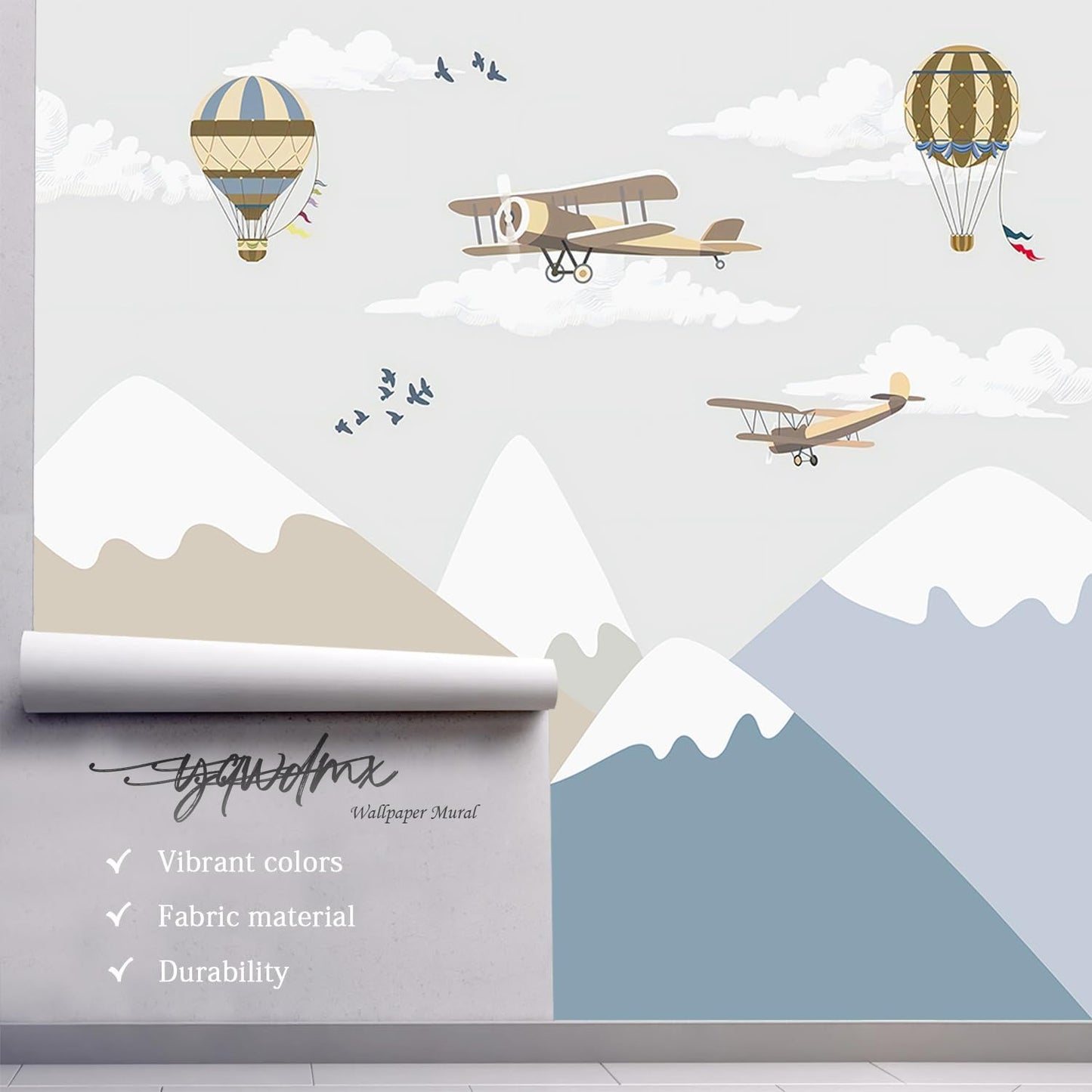 -Children's Room Cartoon Balloon Mountain Fabric Wallpaper Nursery Mural 140" x 91" (Not Peel and Stick)