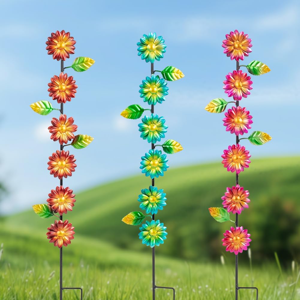 3Pack Flowers Decorative Garden Stakes,Spring Outdoor Metal Flowers Decorations,Metal Yard Art for Outside Patio Porch Decor(22.6 * 5.1IN)