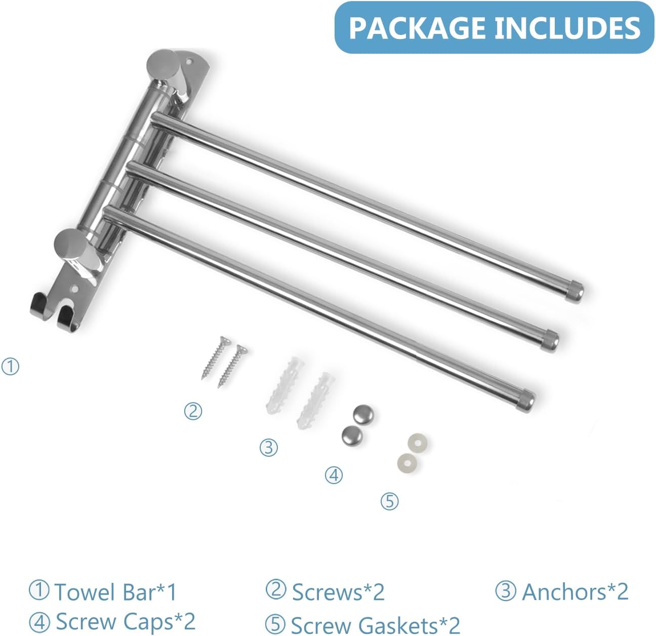 Towel Rack Wall Mounted JSVER 3 Arms Bathroom Towel Rack, 180° Rotation Space Saving Towel Holder for Bathroom