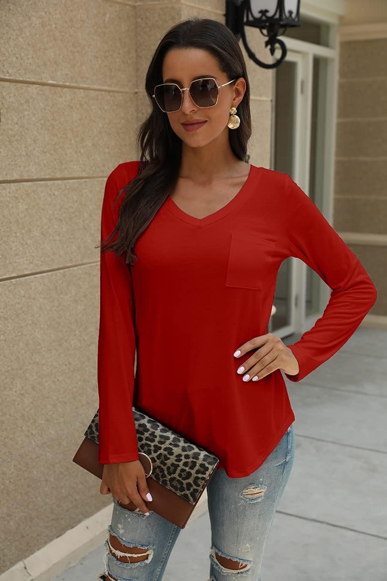 Tobrief Women's Long Sleeve V-Neck Shirts Fall Graphic Tees Loose Casual T-Shirt