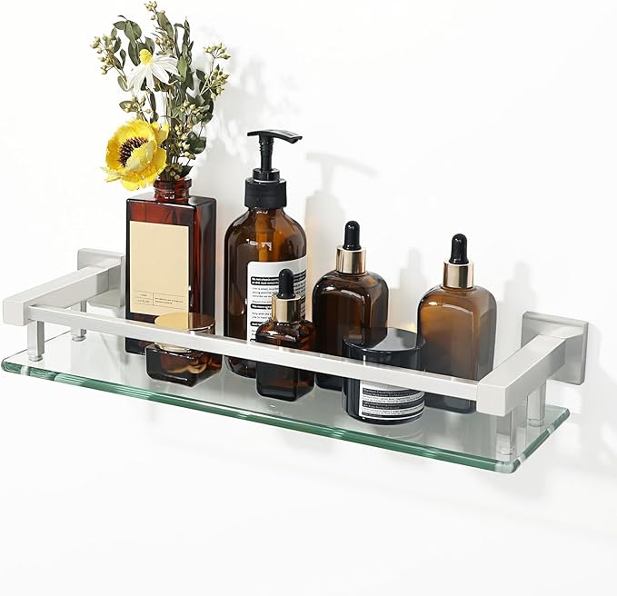 Alise Bathroom Glass Shelf with Stainless Steel Railing, Brushed Nickel Small Tempered Glass Floating Wall Shelf Over The Toilet, 16 inch