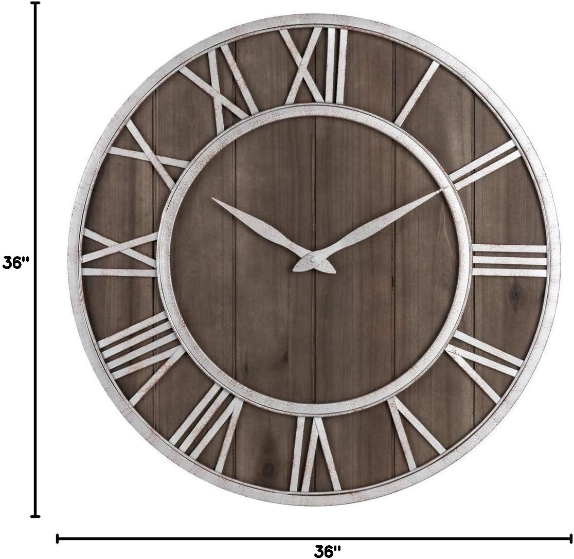 Oldtown Farmhouse Metal & Solid Wood Noiseless Wall Clock (Dark Brown, 36-inch)