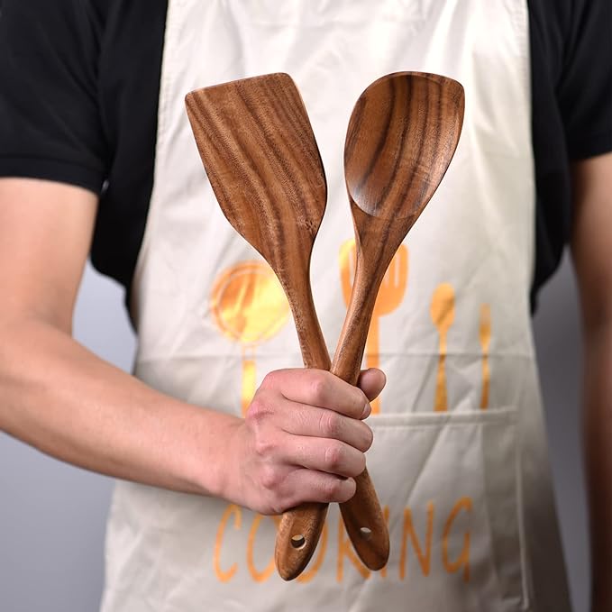 Gudamaye 13 inch Long Wooden Utensils for Cooking, Long Handle Wooden Spoons for Cooking, 7 PCES Crafting Wooden Spoon Set, Wooden Kitchen Utensil set, Natural Teak Wooden utensil Set