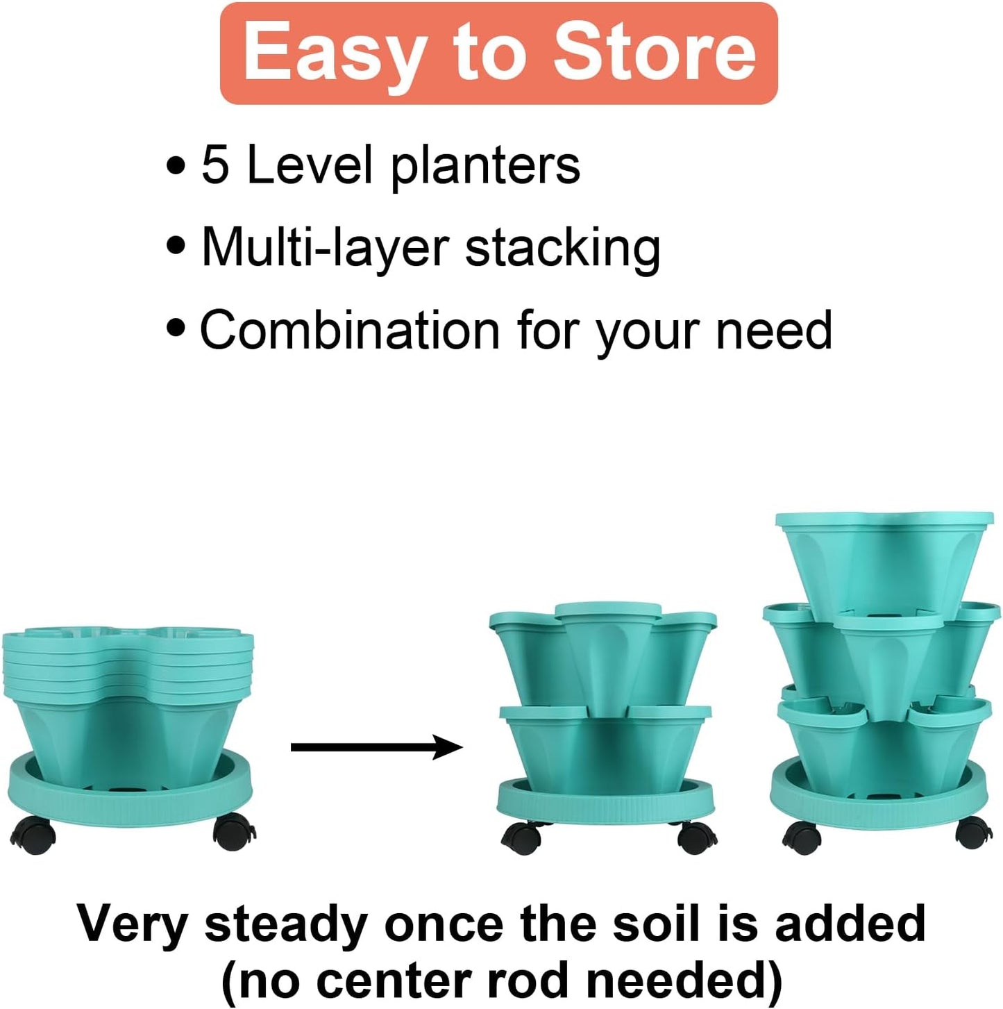 DUNCHATY Stackable Vertical Garden Planter with Wheels, 5 Tier Herb Planter Pots for Growing Vegetables and Succulents, Teal