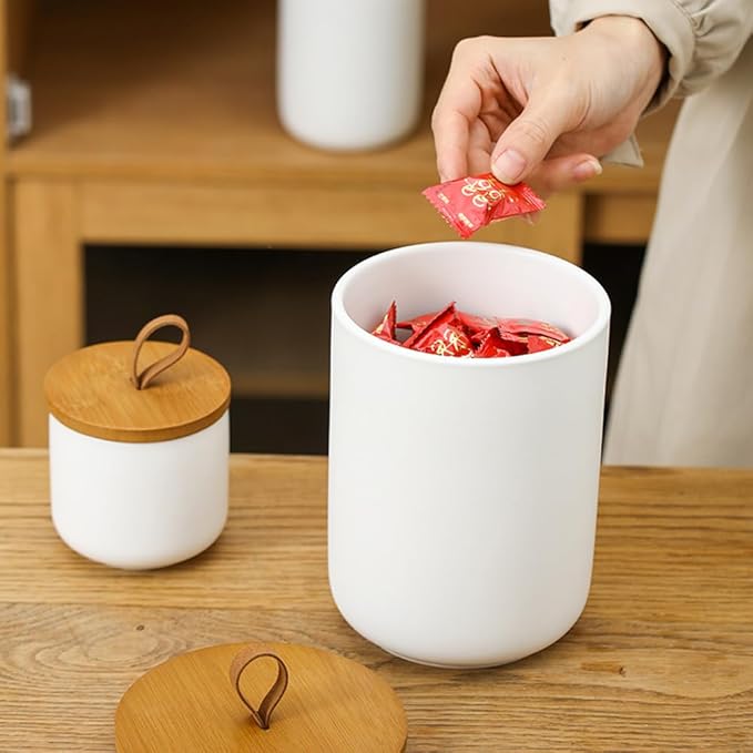 Ceramic Storage Jars, Modern Elegant Highly Polished Airtight Gorgeous Storage Canisters with Wooden Lid Small Food Stroage Jar for Kitchen Spice Tea Vanilla Sugar Coffee Beans (White medium)