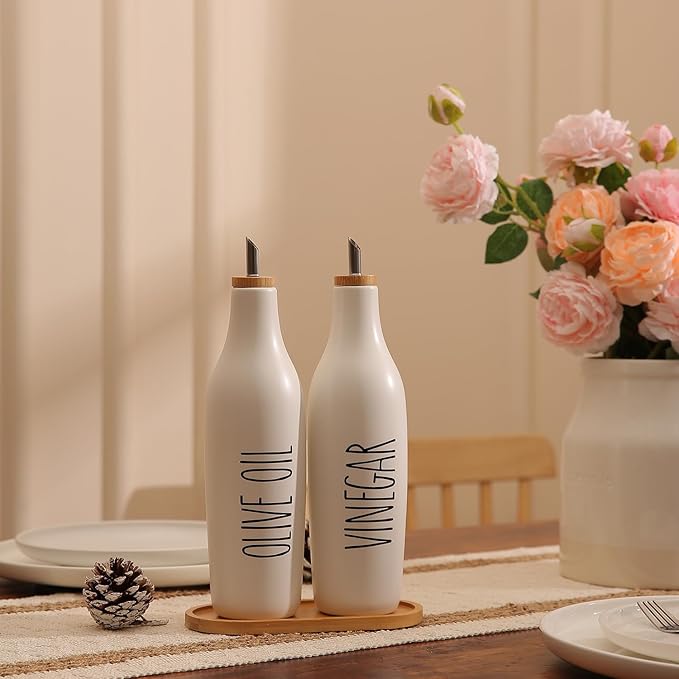 HOMCDALY Olive Oil and Vinegar Dispenser Set, 16oz Ceramic Oil Dispenser for Kitchen, Kitchen Dispenser Bottle for EVOO Vinegar Syrups, Modern Farmhouse Design | Set of 2 – P-White