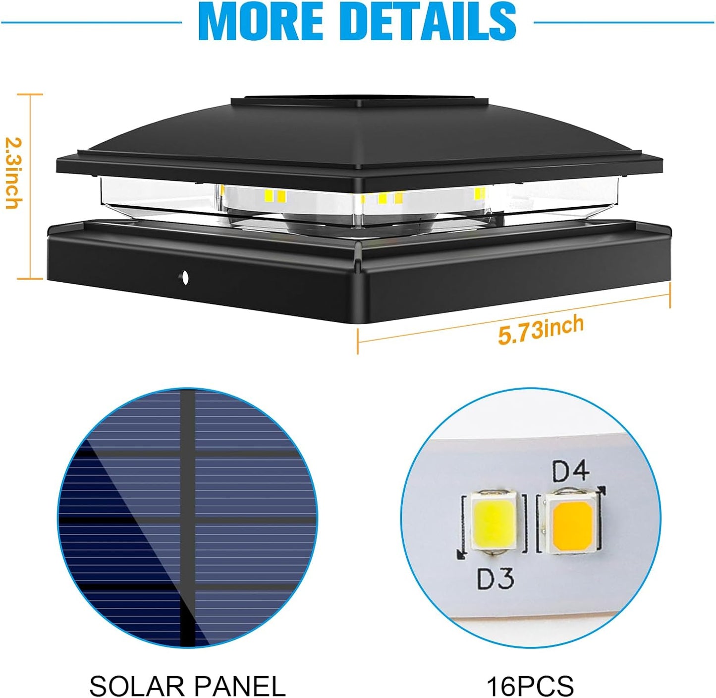 VOLISUN Solar Post Cap Light Outdoor,Solar Fence - Post Lights Waterproof for 4x4/5x5/6x6 Wooden/Vinyl,Black Deck Cap Light Solar Powered with Warm White for Garden/Patio/Porch 6pack