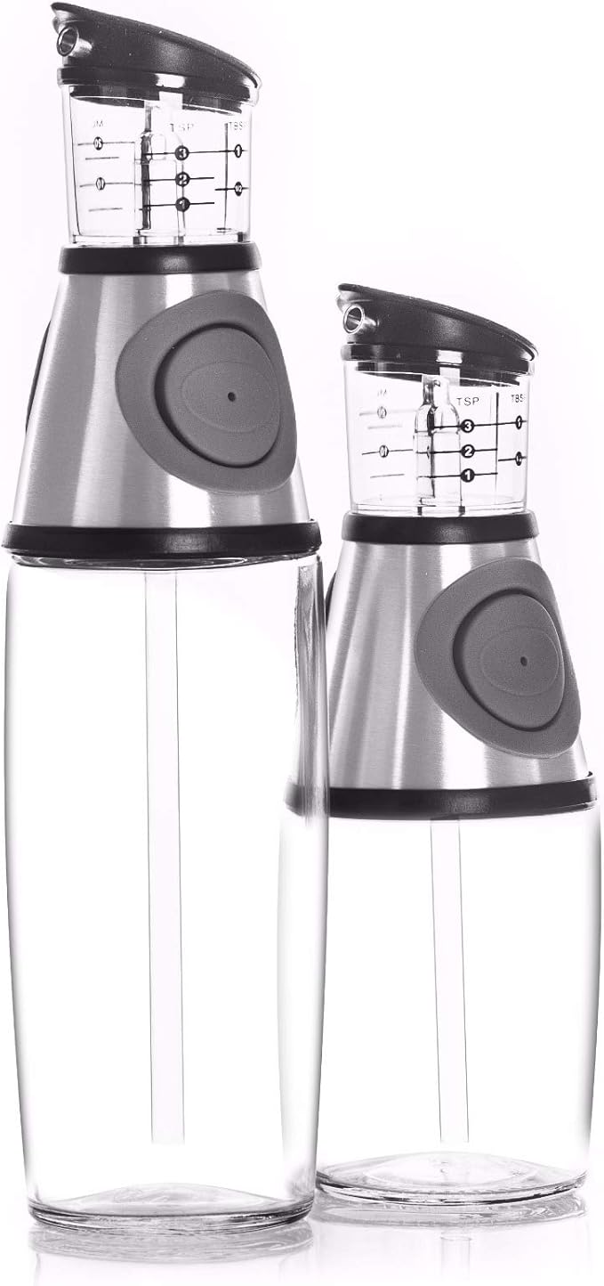 Olive Oil Dispenser Bottle with Pump - Oil Dispenser for Kitchen, Glass Oil and Vinegar Dispenser Set, Measured Cruet for Cooking - Ideal Oil Bottles for Kitchen Gadgets & Gifts, 2 Pack