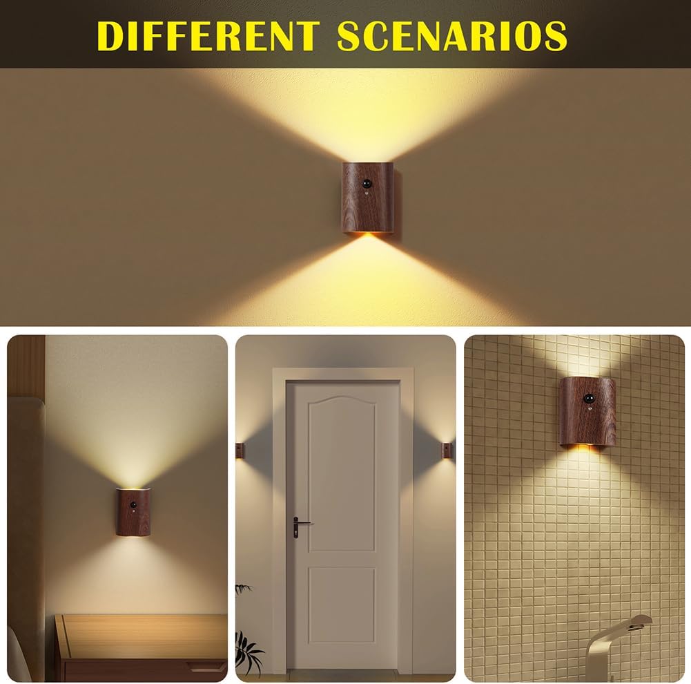 LANDGOO Smart Night Light Step Lights 2 Pack - Rechargeable Motion Sensor Stair Lights, 2700K Warm White LED, Walnut Wood for Hallway & Bedroom Safety