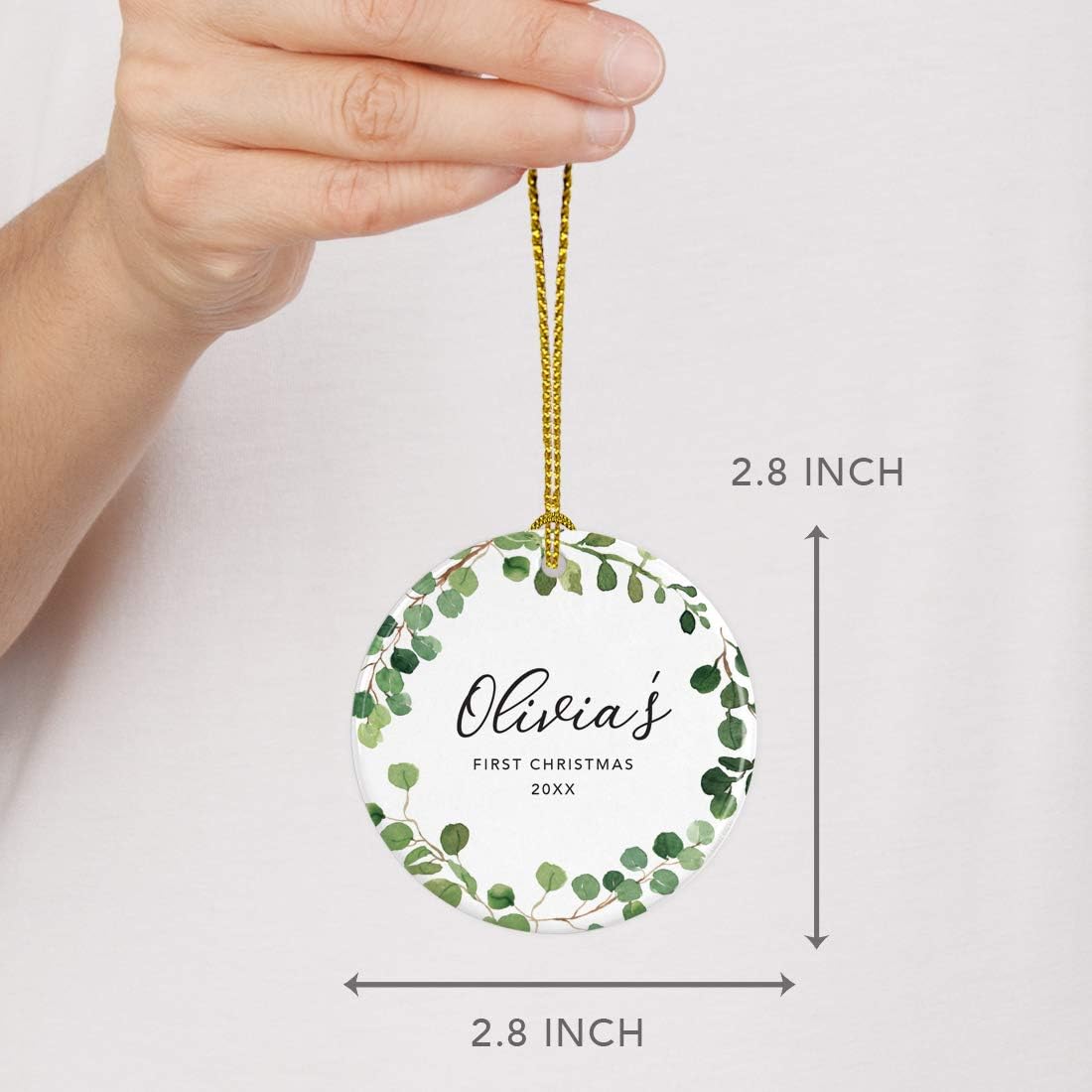 Andaz Press Personalized Round Ceramic Porcelain Christmas Tree Ornament Keepsake Collectible New Baby Gift, Olivia's First Christmas 2025, Farmhouse Eucalyptus Wreath, 1-Packs