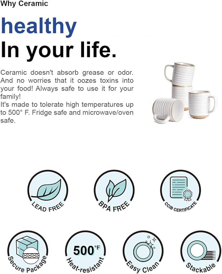 LE TAUCI Coffee Mugs 15 oz,Ceramic Mug Set, Coffee Cups for Latte, Hot Tea, Cappuccino, Mocha, Cocoa, Dishwasher Safe, Suit For Housewarming Wedding- 3.5 inch, Set of 4, Arctic White