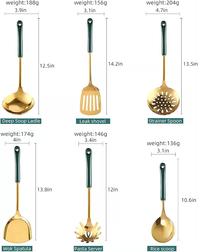 Generic Stainless Steel Kitchen Utensil Set, Spoon, Spatula, Pasta Server, Small Spatula (Green & Gold)