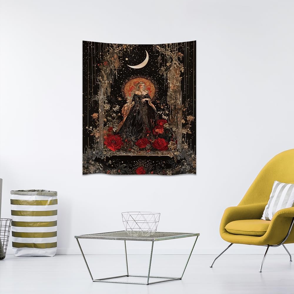 Dark Academia Moon Goddess Tapestry Gothic Fantasy Rose Wall Art Mystical Witchy Woman Print Victorian Artwork Aesthetic Tapestries Wall Hanging for Girls Room Bedroom Decor 40x60inch