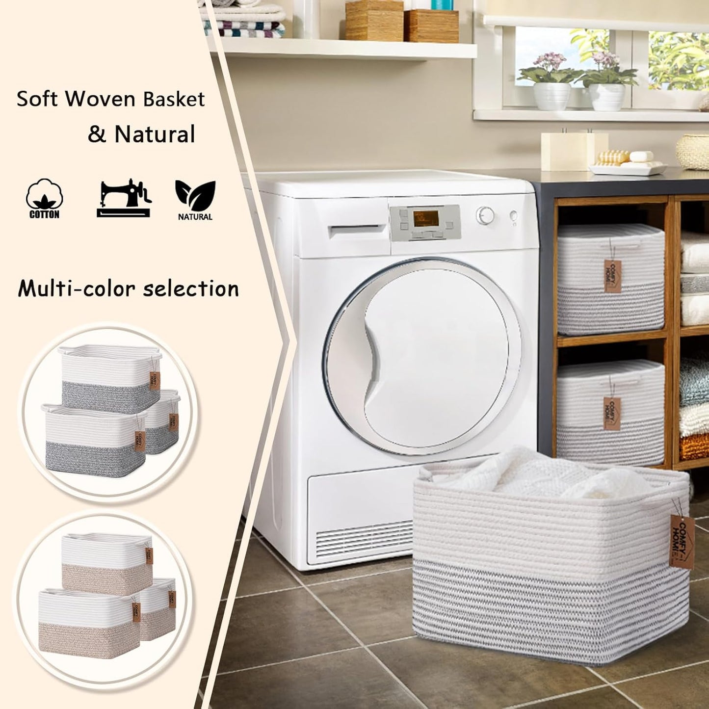 COMFY-HOMI Cotton Rope Woven Basket with Handles for Shelves,Toys,Book, Cloth Storage Baskets Bin for Organizing-13.5"x11"x9.5" Toy Decorative Organizer for Living Room, Bathroom-White/Black Line