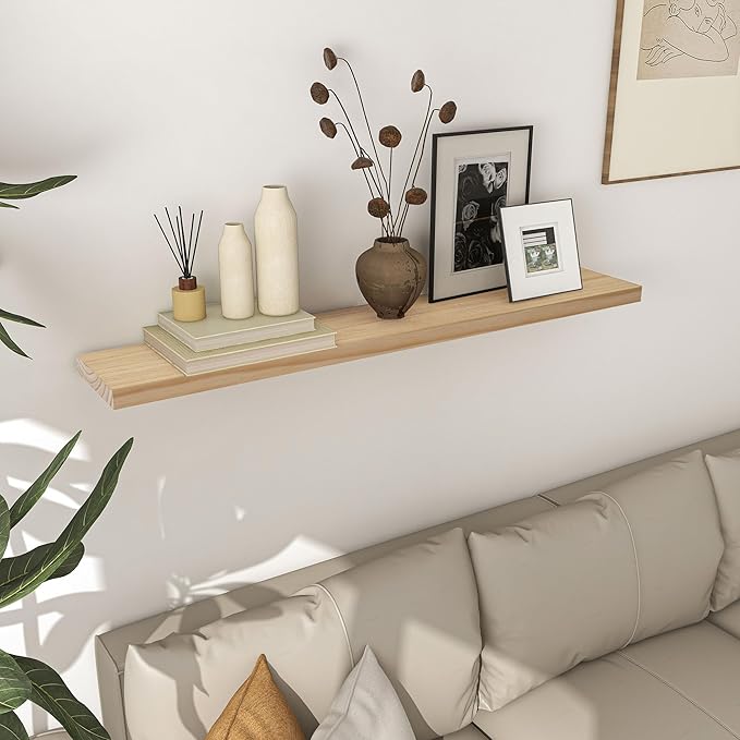 Fun Memories 48 Inch Floating Shelves for Wall, Deep Rustic Solid Pine Wood Floating Shelf - Farmhouse Wall Mounted Display Shelf with Heavy-Duty Metal Bracket, 48" W x 8" D, Set of 1, Unfinished