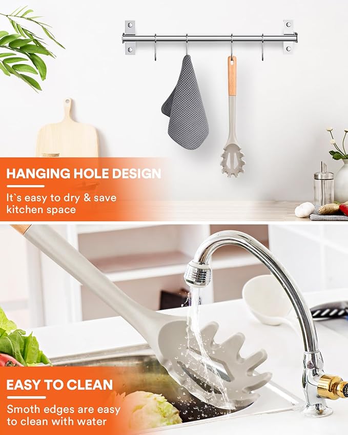 Silicone Pasta Fork, Kitchen Heat Resistant Noodle Spoon Server, BPA Free Spaghetti Strainer,12.8 inch (Khaki)