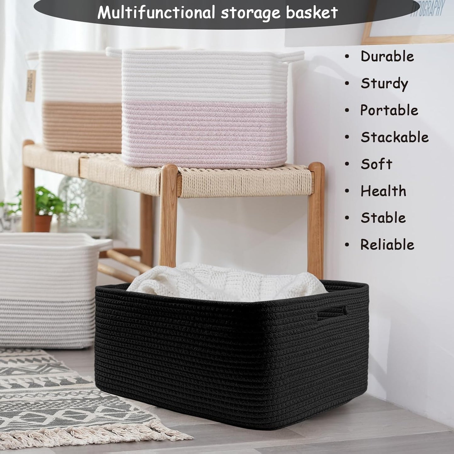 COMFY-HOMI Cotton Rope Woven Basket with Handles for Shelves,Toys,Book, Cloth Storage Baskets for Organizing-17" x 13" x 7.5" Toy Decorative Organizer for Living Room, Bathroom (all black)
