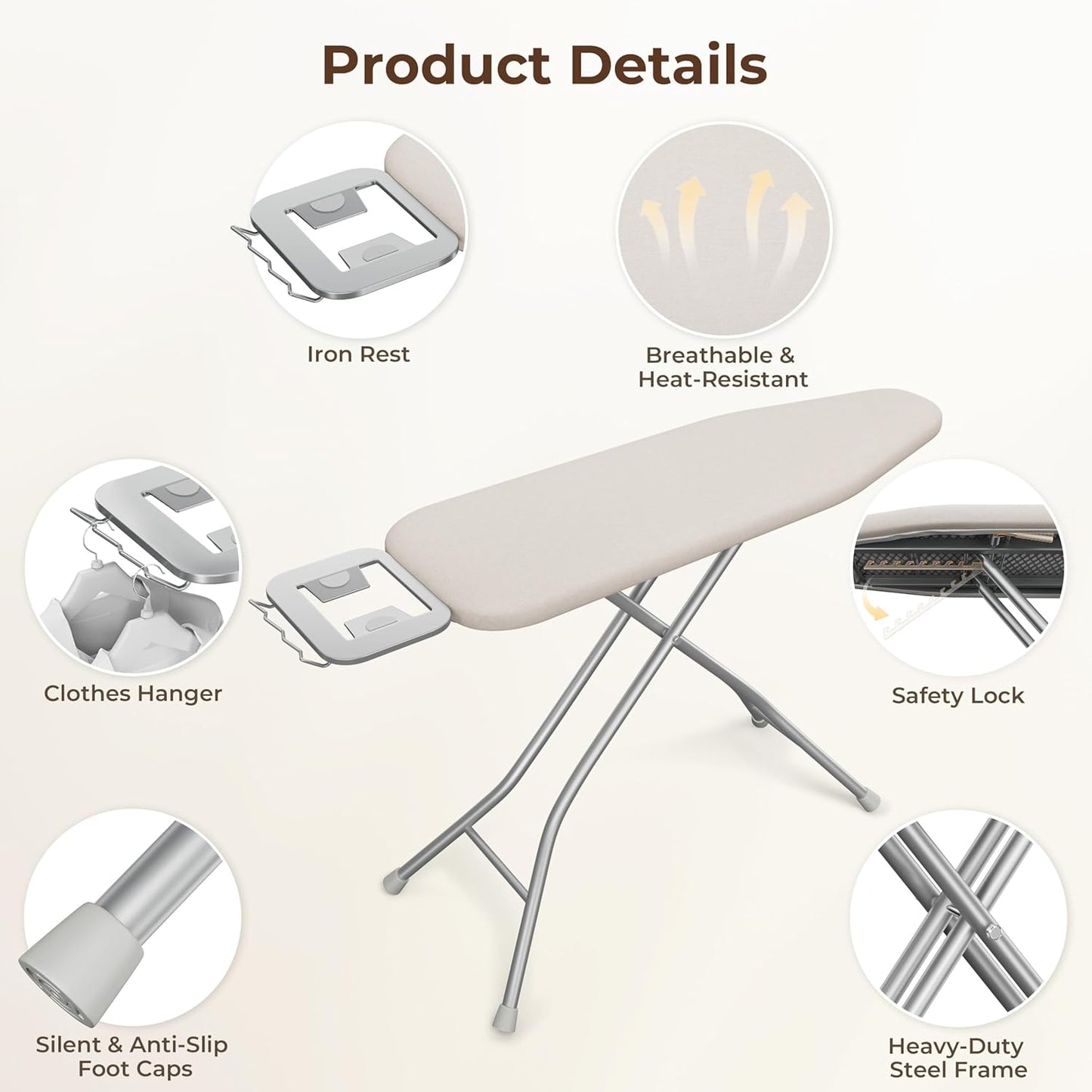 Yaheetech Foldable Ironing Board, Heavy Duty Iron Board with 9 Adjustable Heights, 4 Layer Cover and Safety Iron Rest, 52X14 Compact and Space Save Iron Board for Home Laundry Room Use, Beige
