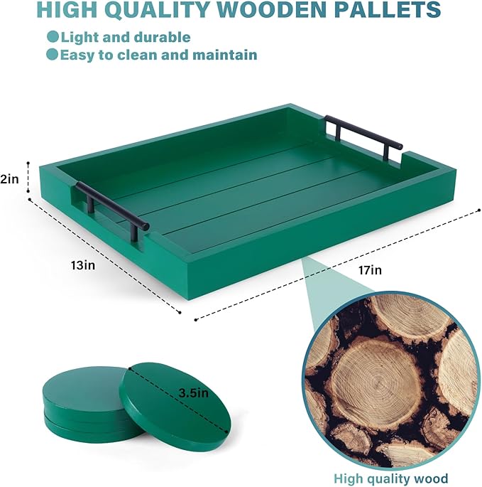 Ottoman Coffee Table Decorative & Serving Tray, 17x13 Inch Wood Tray with 4 Wooden Coasters - Perfect for Ottoman & Breakfast