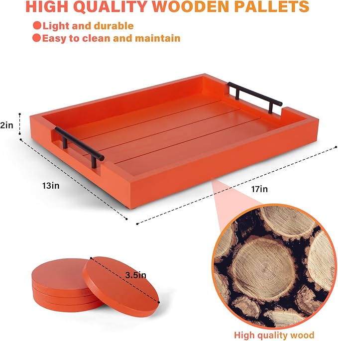 Ottoman With Handle for Living Room - Set of 4 Natural Wooden Coasters - Rustic Serving Tray for Coffee Table - Kitchen Decorative Tray With Handles (Orange)