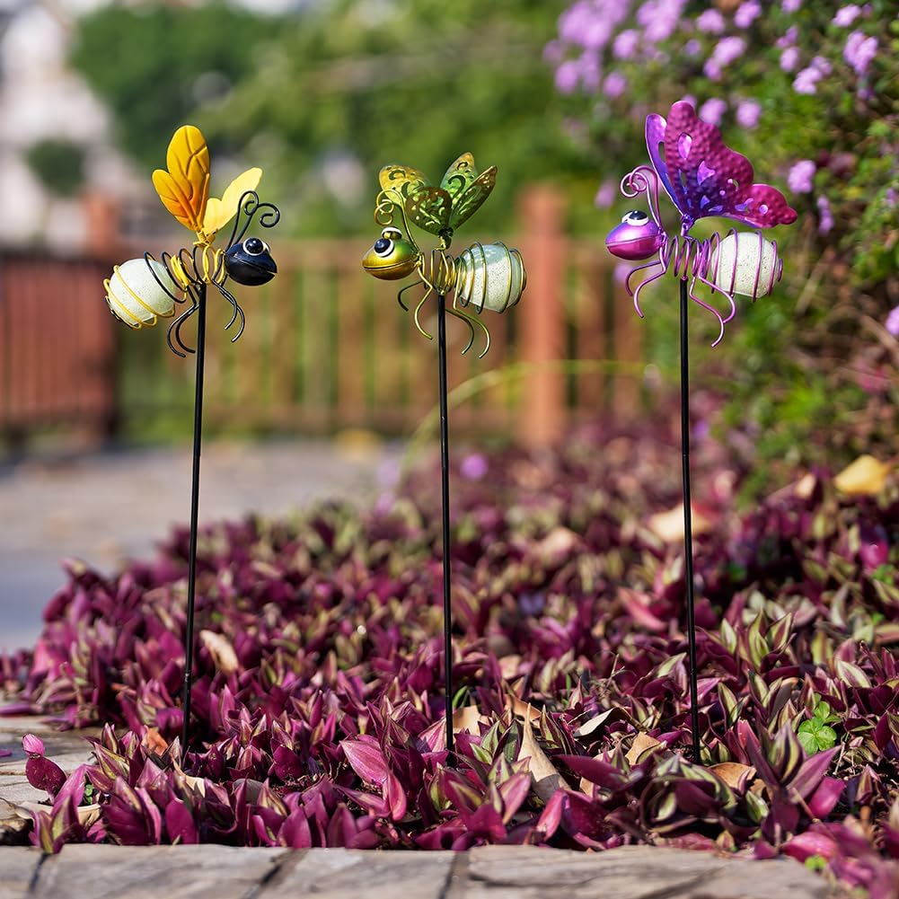Garden Decor for Outside,3 Pcs Luminous Insect Garden Decorative Stakes,Glow in The Dark Bee Lights Metal Yard Art,Waterproof Outdoor Spring Lawn Patio Pathway Decoration for Mom,Women,Grandma