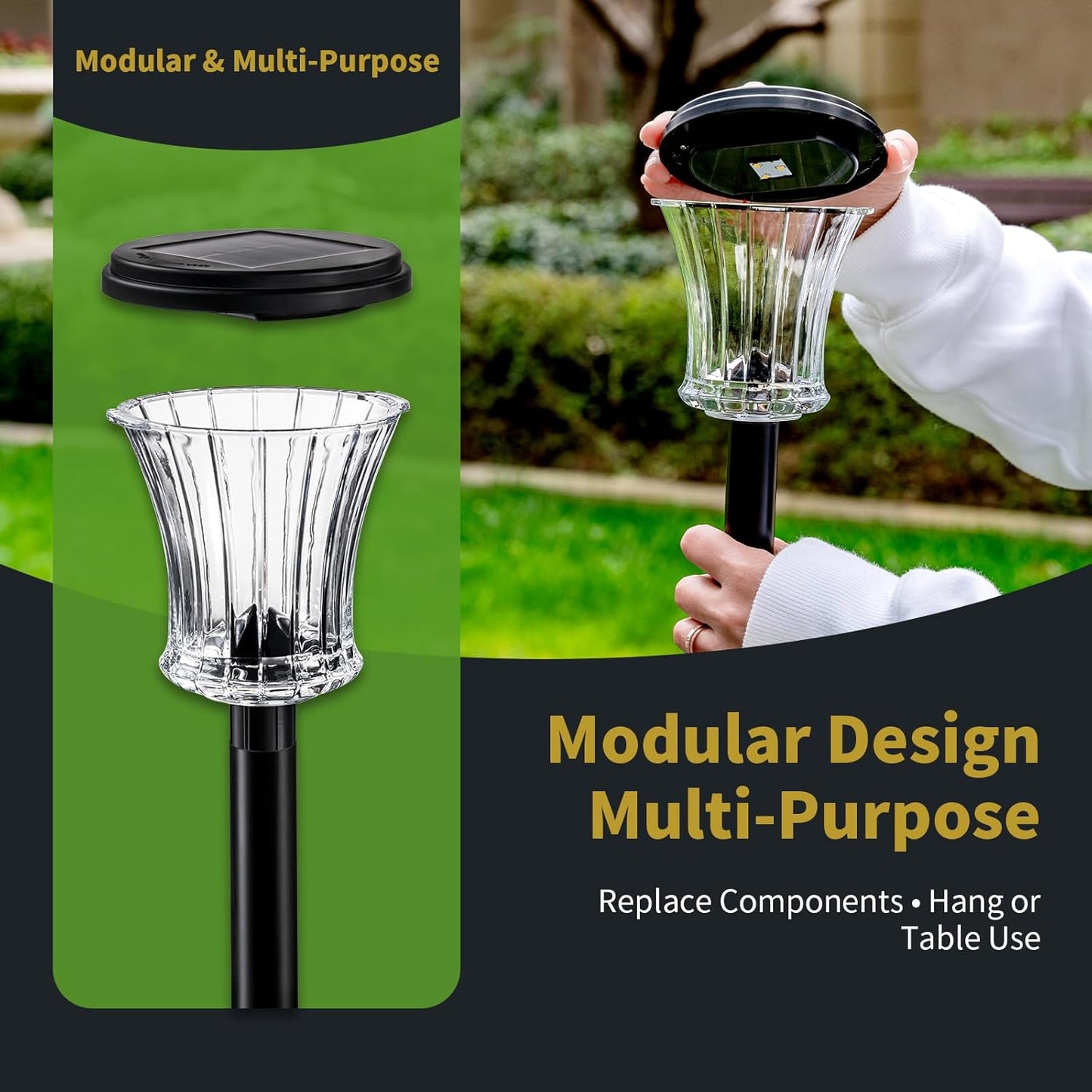 Glass Solar Pathway Lights Outdoor Waterproof, Decor Landscape Lighting with Modular Design, 3000K LED, Auto On/Off Solar Stake Light for Yard Garden Driveway Walkway Lawn, Warm White (6 Pack)