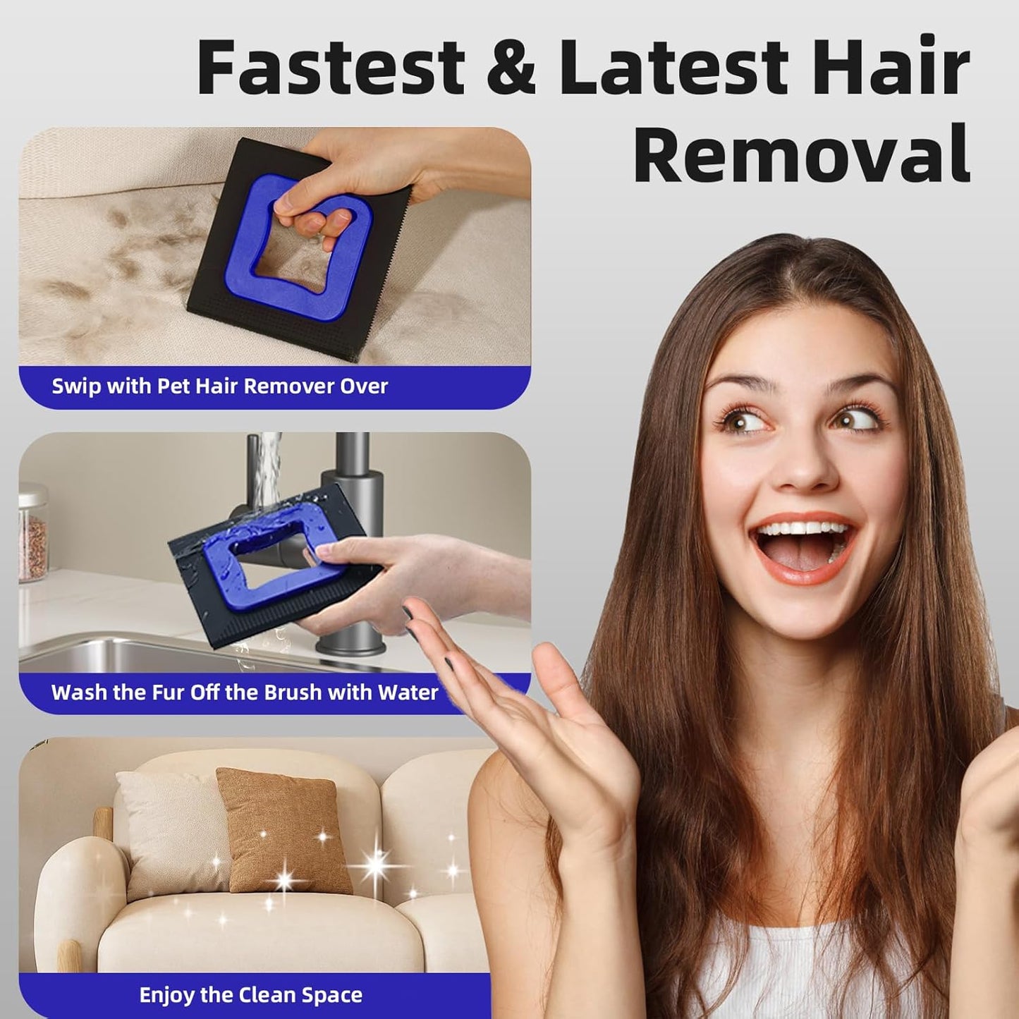 3 in 1 Mini Pet Hair Removal Tool, Dog and Cat Square Hair Remover for Car Detailing Supplies, Clothes, Couch and Carpet, Fur Cleaning Supplies for Furniture-Ergonomic and Anti-Slip, Mini Pet Supplies