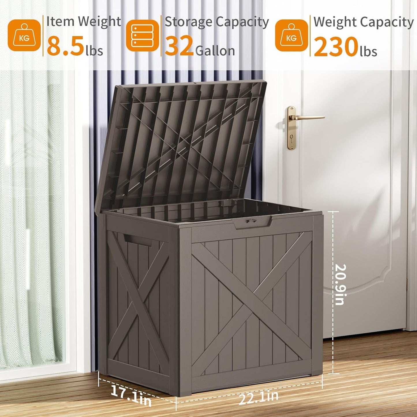 Vixzen 32 Gallon Resin Deck Box - Lockable Outdoor Storage for Patio Cushions, Garden Tools, Pool Supplies,Grey