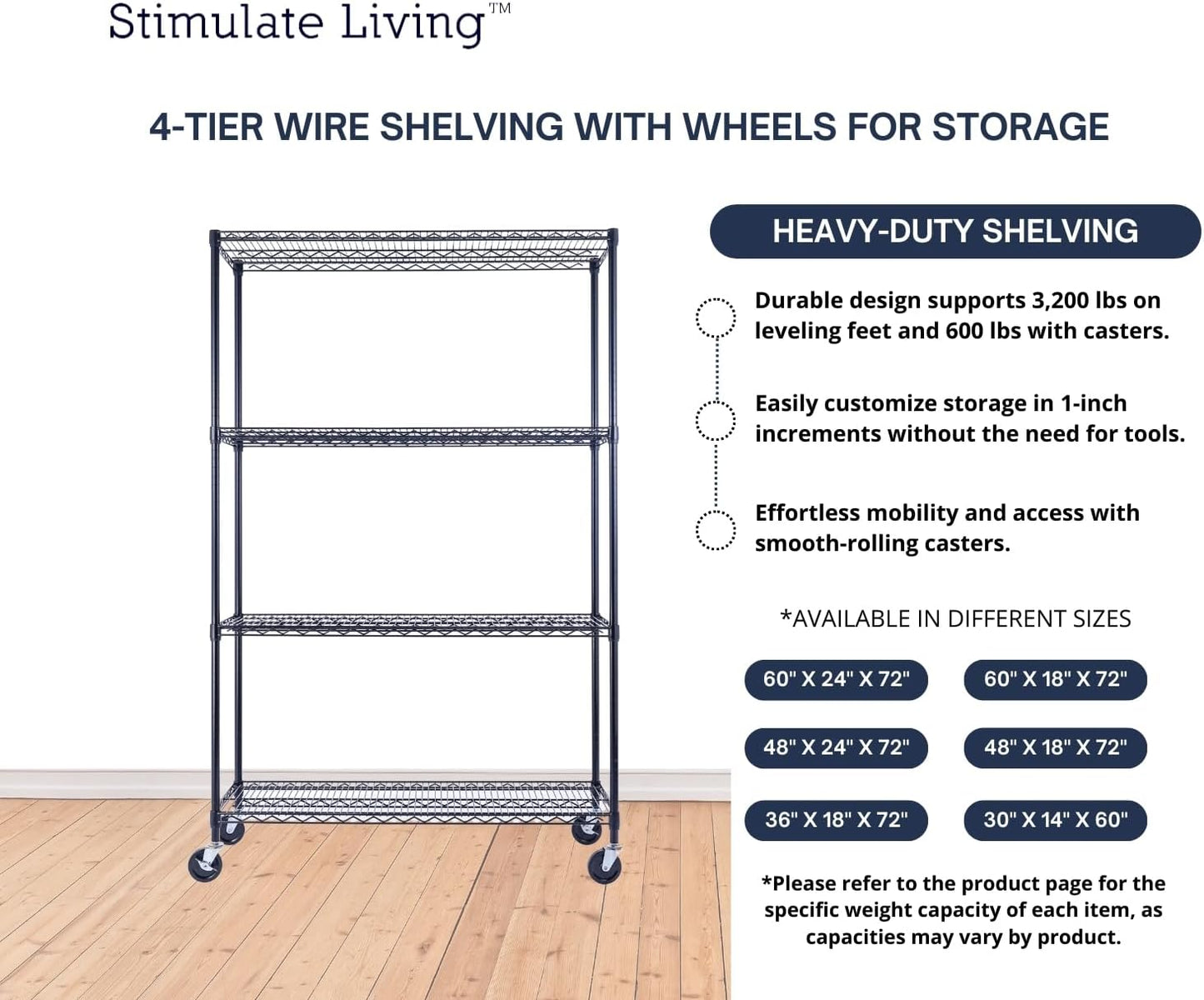 60"x18"x72" Prime Heavy Duty Black 4-Tier Wire Shelving NSF 3200 LBS MAX Capacity Storage Rack for Commercial, Hospital, School, Garage, and Kitchen Uses (with Wheels)