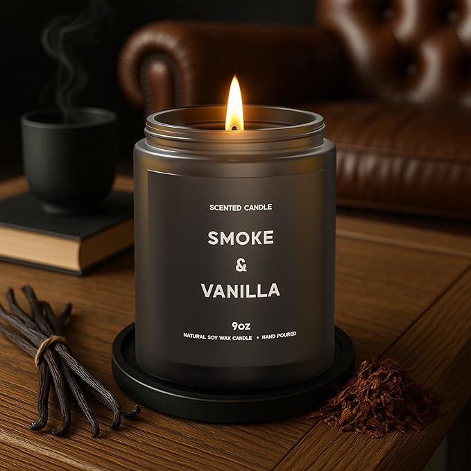 Smoke & Vanilla Candle, 9oz Scented Candle for Men, Scented Candles for Home, Gifts for Men, Personalized Blessing Minimalist Men's Gifts