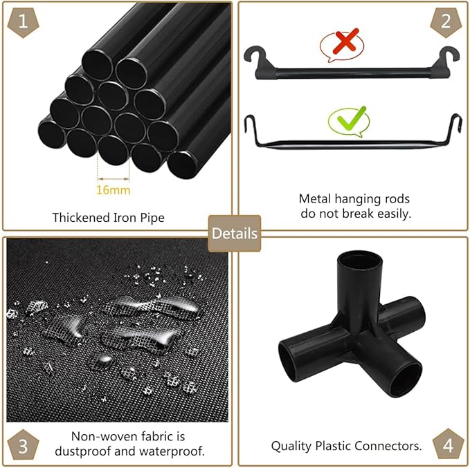 SORCEDAS Portable Closet Wardrobe Storage Organizer Metal Hanging Rack Non-Woven Fabric 50 Inch (Coffee)