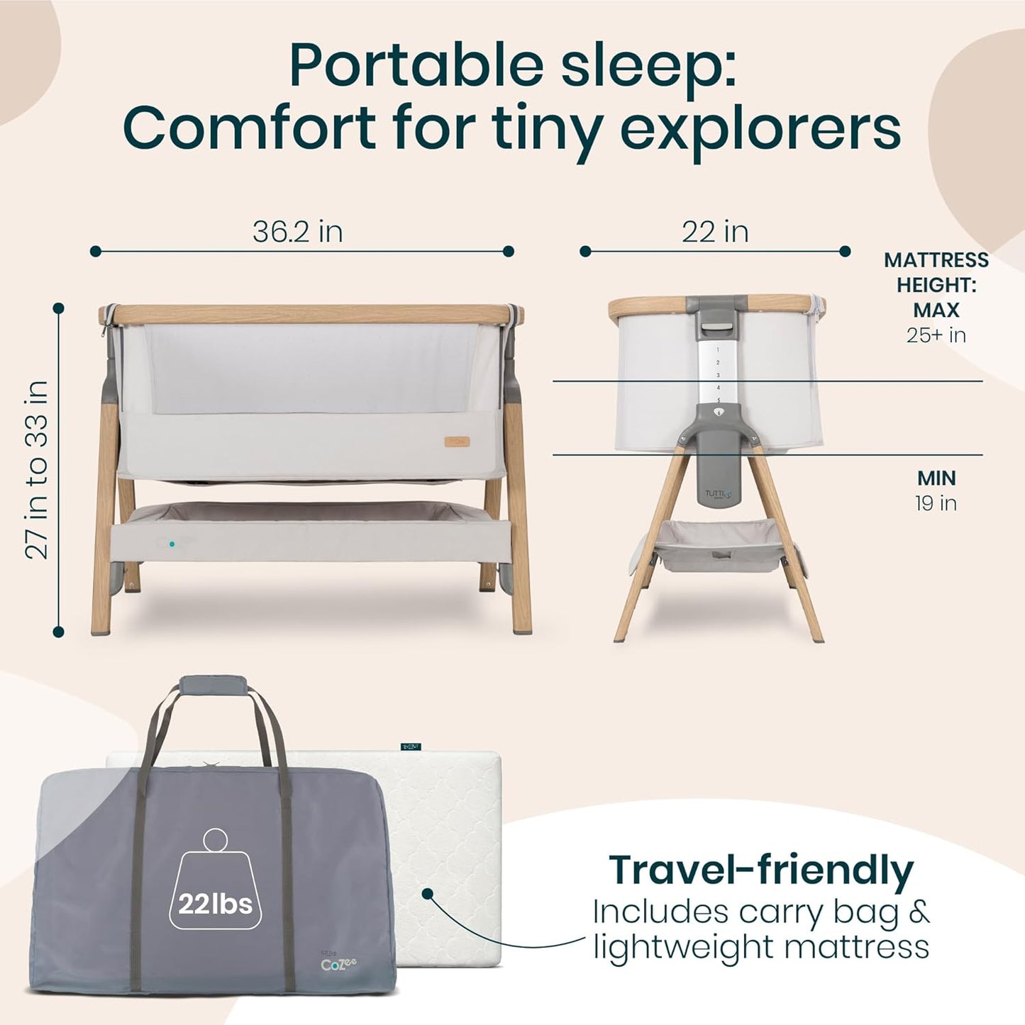 CoZee® 2-in-1 Baby Bassinet & Bedside Sleeper - Fast-Folding Bedside Bassinet, Baby Crib with 6 Mattress Heights & Breathable Mesh Window, Mattress Included, 0-6 Months (Silver & Oak)