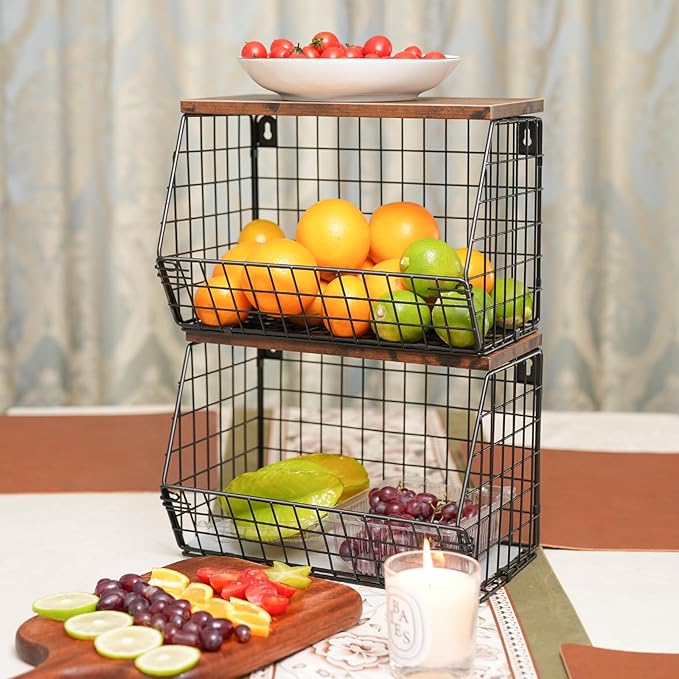 Fruit Bowl, Stackable Wall Mounted Fruit Basket of Smooth Wood Lid with 4 Banana Hanger Hooks, Metal Kitchen Counter Organizer for Snack, Fruit and Vegetable Storage, 11.8 * 7.9 * 8.5 Inches
