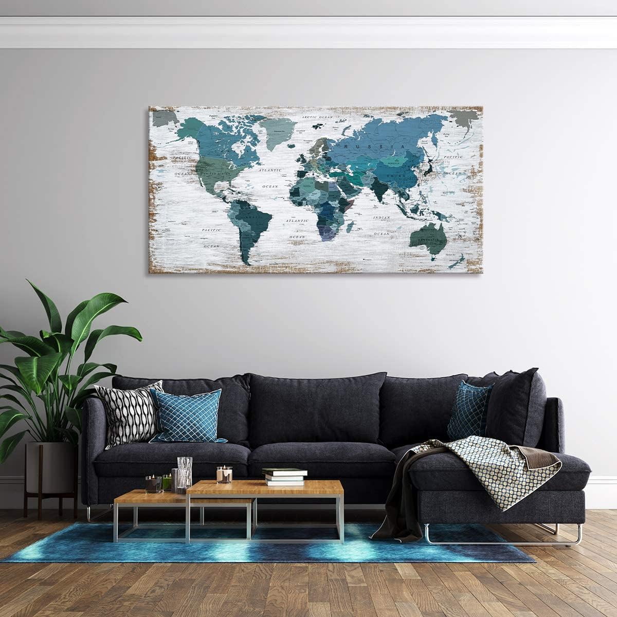 teal world map Wall Art Watercolor Abstract Wall Decal Large Office Canvas Wall Art map of the world 32in"x48in" Painting for Bedroom Wall Decoration for Living Room Blue wall art Artwork for Walls