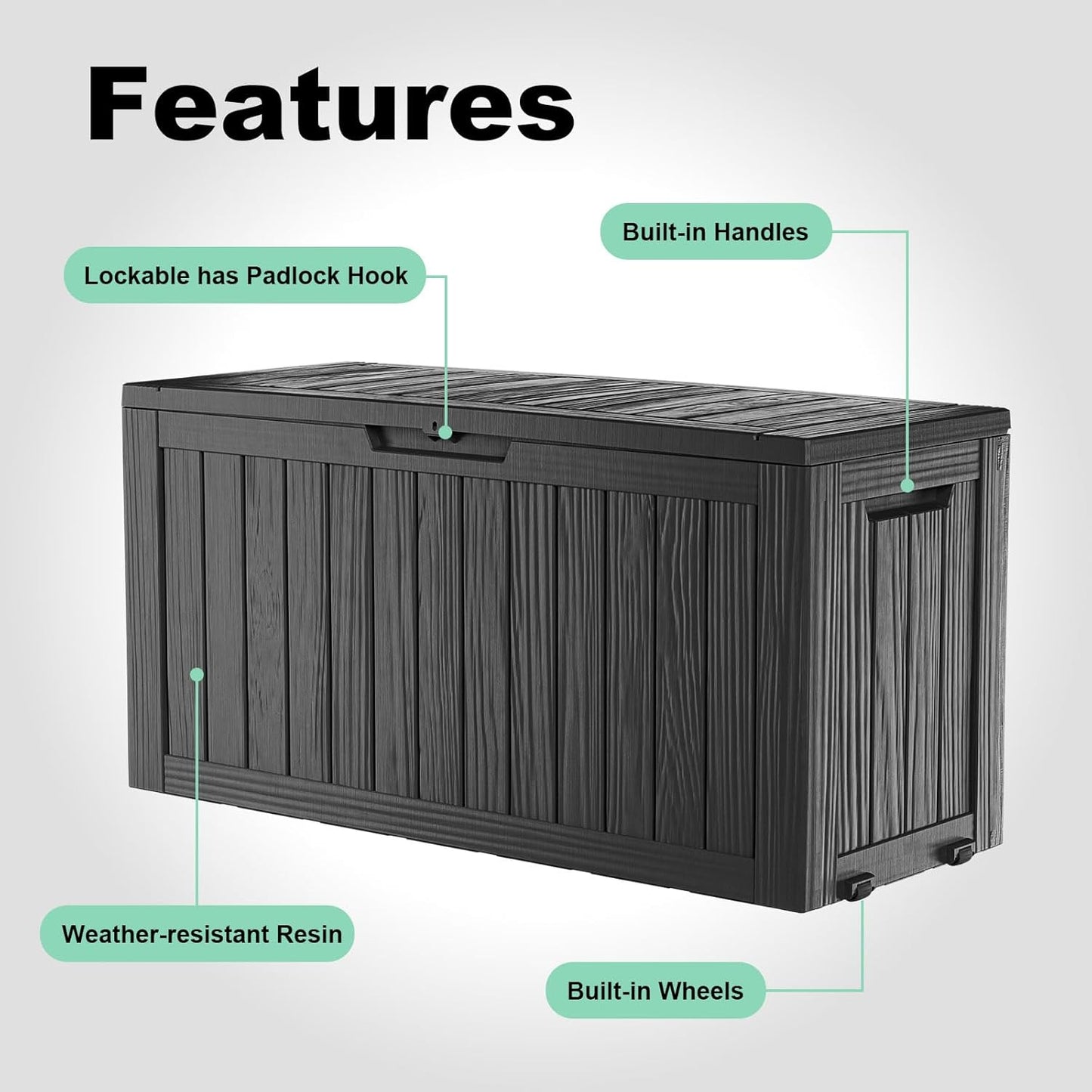 Vixzen 75 Gallon Resin Deck Box, Lockable Outdoor Storage Box for Patio Cushions Storage Furniture,Garden Tools, Pool Supplies, Weatherproof and UV Resistant- Black