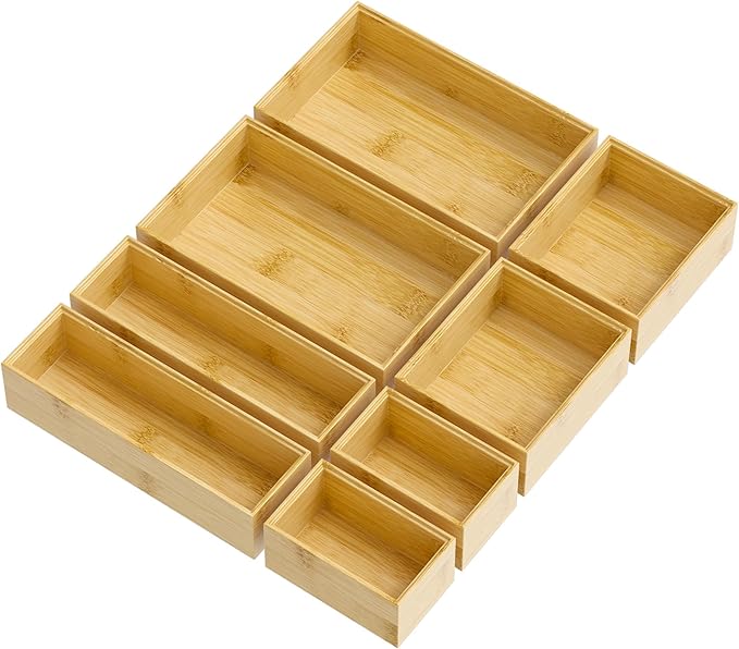 Bathroom Drawer Organizer Trays, Bamboo Silverware Drawer Organizer Kitchen Utensils, 8 PCS Wood Box Stackable Bins for Makeup, Office Desk, Vanity, Junk Drawer