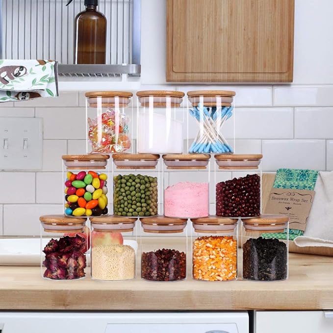 Glass Jars Set,Upgrade Spice Jars with Wood Airtight Lids and Labels, 6oz 12 Piece Small Food Storage Containers for Home Kitchen, Tea, Herbs, Sugar, Salt, Coffee, Flour, Herbs, Grains…