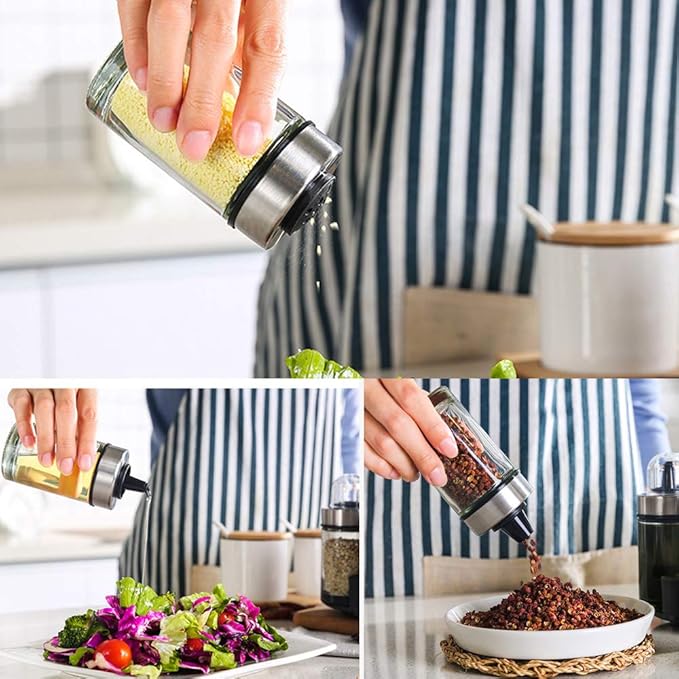 Mlici Oil and Vinegar Dispenser Set of 6 Bottles, Stainless Steel Salt Pepper Holder with 360° Rotating Holder, Cruet Soy Sauce - Premium Glass Condiment for Kitchen, Tabletop, Kitchen Containers