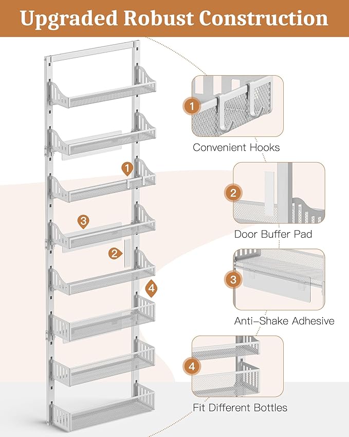 Over the Door Pantry Organizer 8-Tier, Large Metal Door Spice Rack with Adjustable Basket, 2 in 1 Wall Mount or Hanging Heavy-Duty Pantry Door Storage Shelf for Kitchen and Bathroom, White